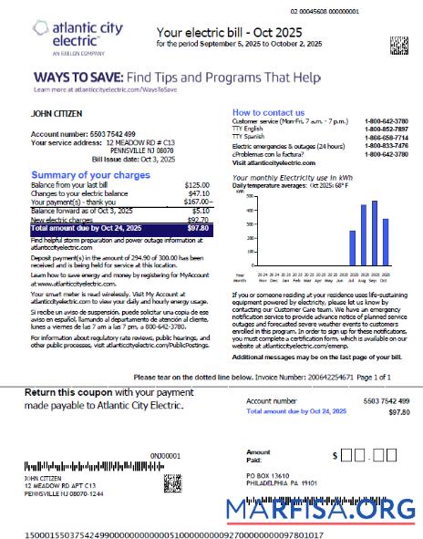 Realistic USA Atlantic City Electric utility bill template in Word and PDF formats